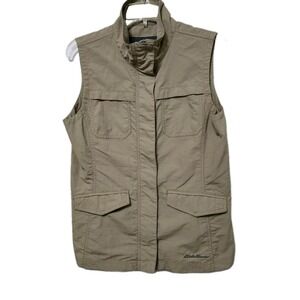 Eddie Bauer Fishing Vest Women's Sm Tan Sleeveless Outdoors Hiking Zip Front EUC